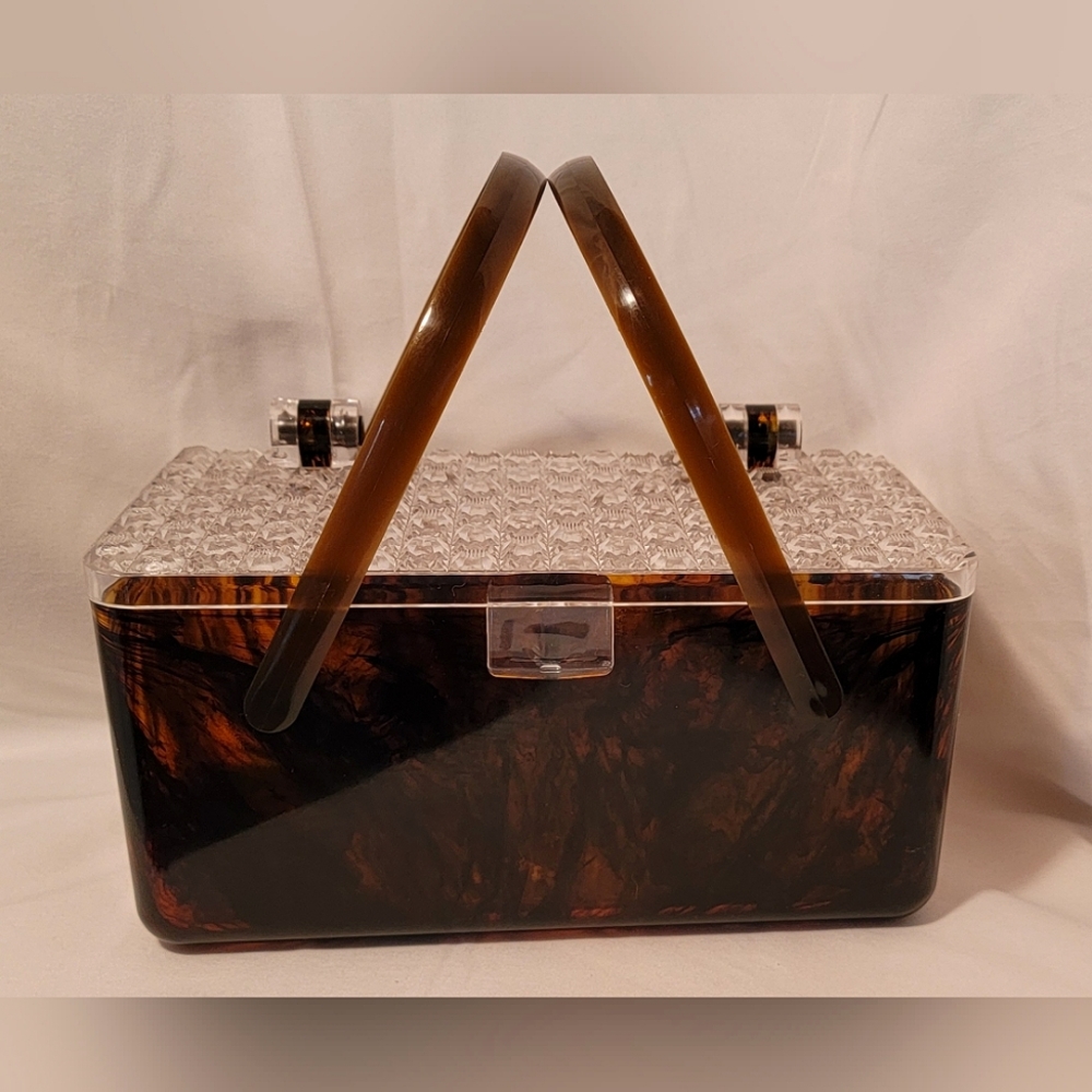 VINTAGE LUCITE / BAKELITE / BROWN TORTOISE BOX PURSE WITH CLEAR TEXTURED LID